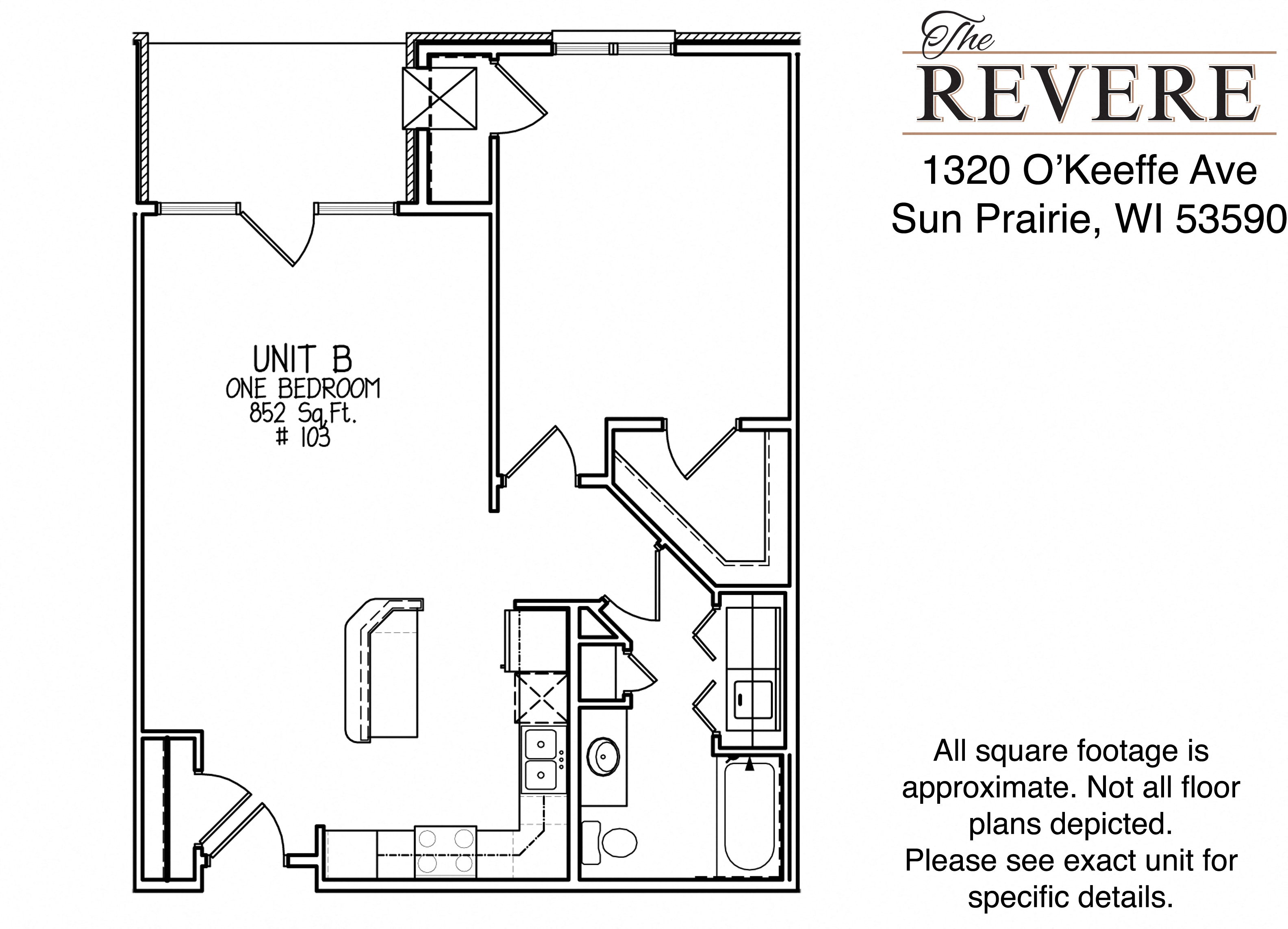 Floor plan for 1 bed, 1 bath, 852 sqft
